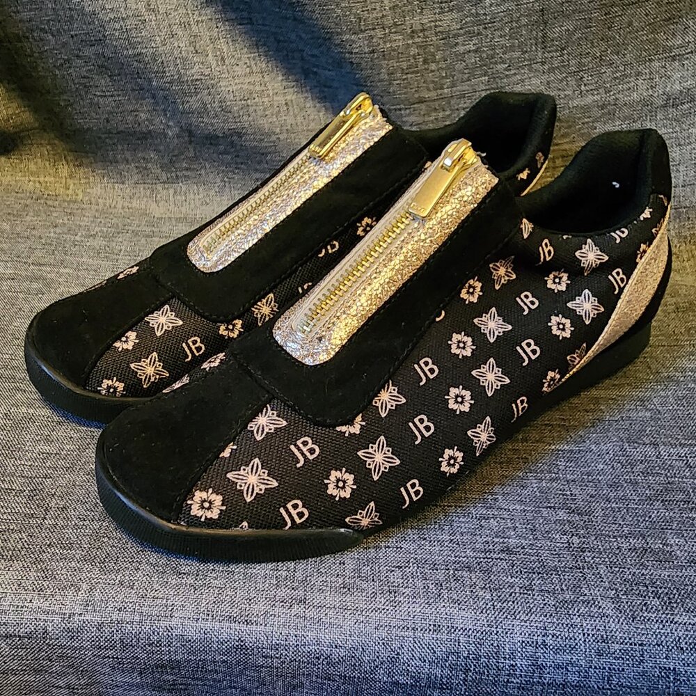 Women's Size 9 The Bradford Exchange Canvas Black/Gold JB Monogram Slip On Shoes